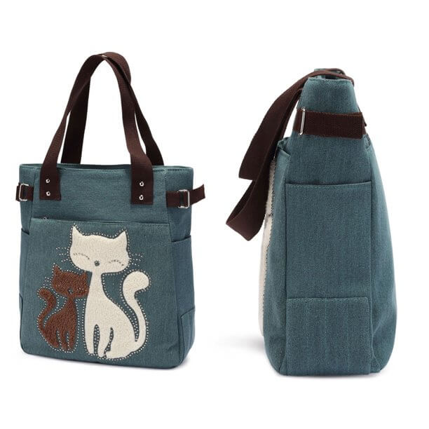 Cat Embroidered Canvas Tote Bag Large Capacity Shoulder Handbag