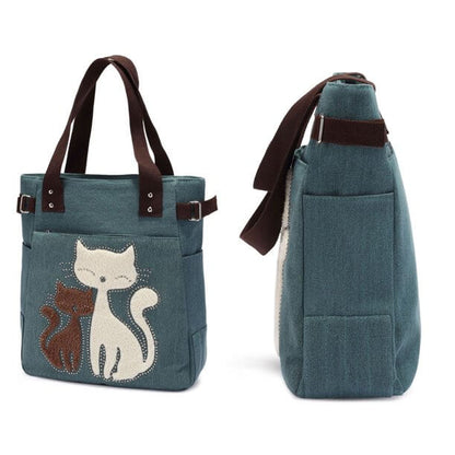 Cat Embroidered Canvas Tote Bag Large Capacity Shoulder Handbag