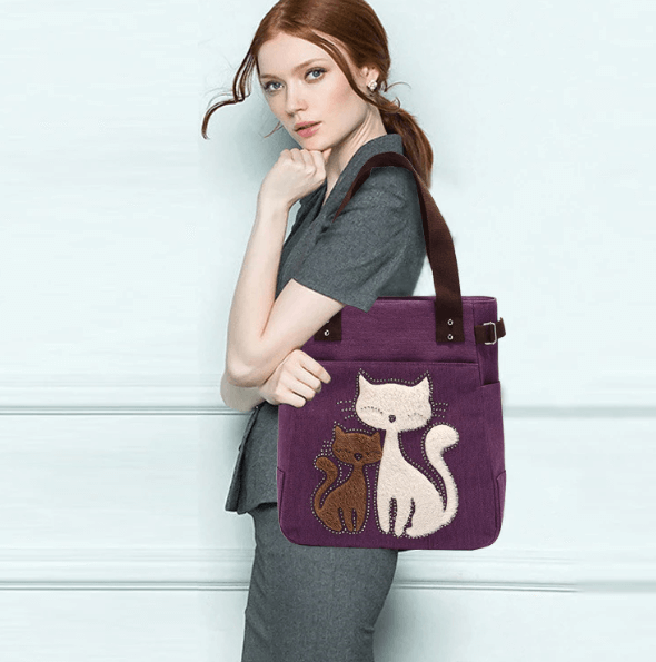 Cat Embroidered Canvas Tote Bag Large Capacity Shoulder Handbag