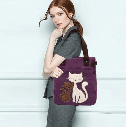 Cat Embroidered Canvas Tote Bag Large Capacity Shoulder Handbag