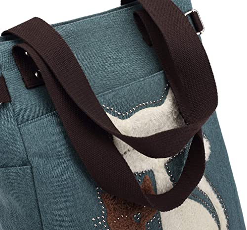 Cat Embroidered Canvas Tote Bag Large Capacity Shoulder Handbag