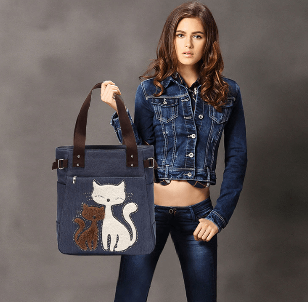 Cat Embroidered Canvas Tote Bag Large Capacity Shoulder Handbag