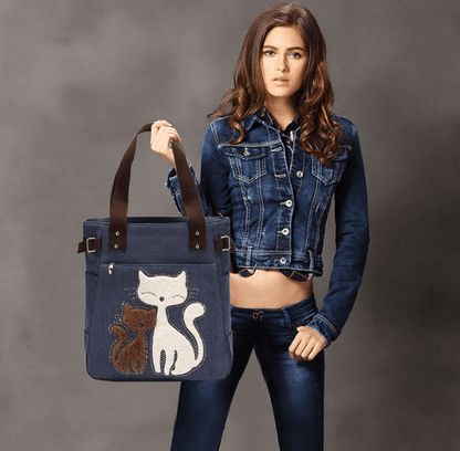 Cat Embroidered Canvas Tote Bag Large Capacity Shoulder Handbag