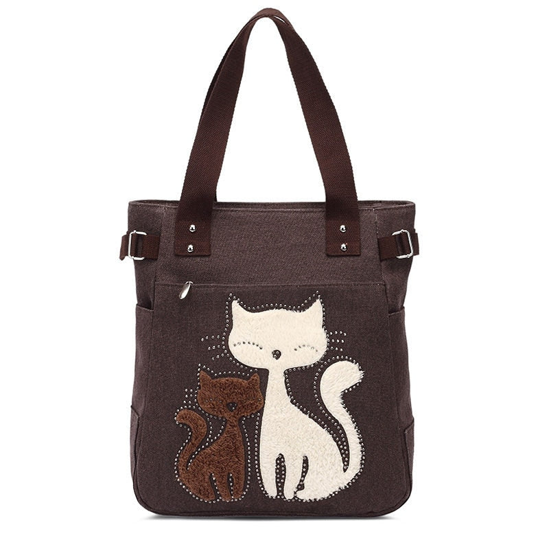 Cat Embroidered Canvas Tote Bag Large Capacity Shoulder Handbag