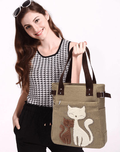Cat Embroidered Canvas Tote Bag Large Capacity Shoulder Handbag