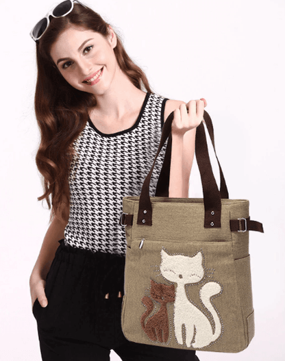 Cat Embroidered Canvas Tote Bag Large Capacity Shoulder Handbag