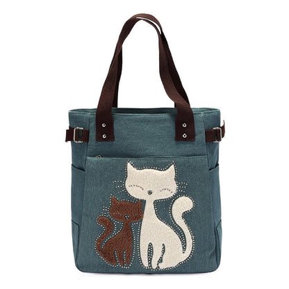 Cat Embroidered Canvas Tote Bag Large Capacity Shoulder Handbag