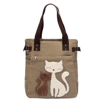 Cat Embroidered Canvas Tote Bag Large Capacity Shoulder Handbag