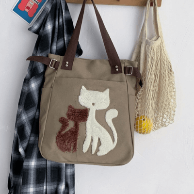 Cat Embroidered Canvas Tote Bag Large Capacity Shoulder Handbag