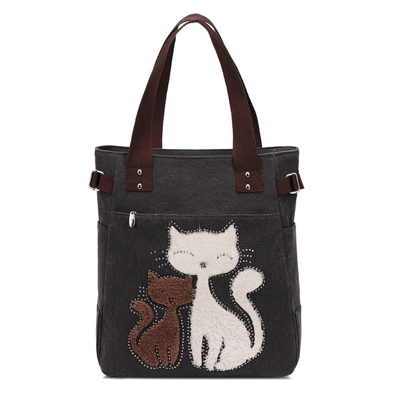 Cat Embroidered Canvas Tote Bag Large Capacity Shoulder Handbag