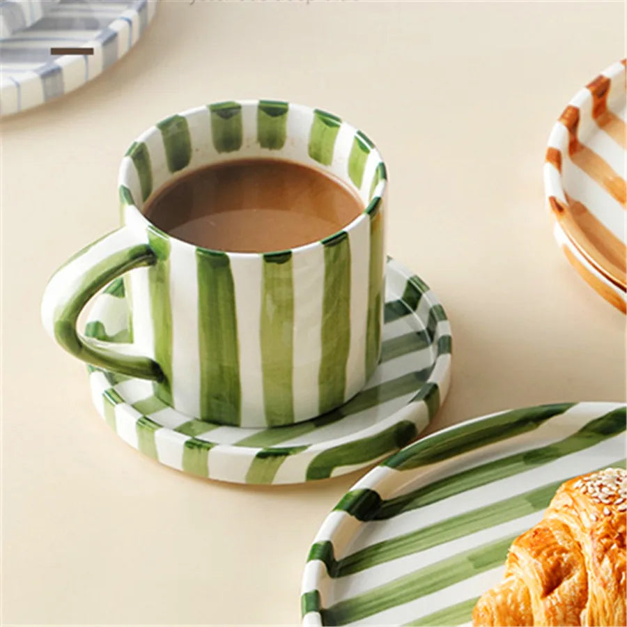 Ceramic Coffee Cup Saucer Set Minimalist Stripe Design