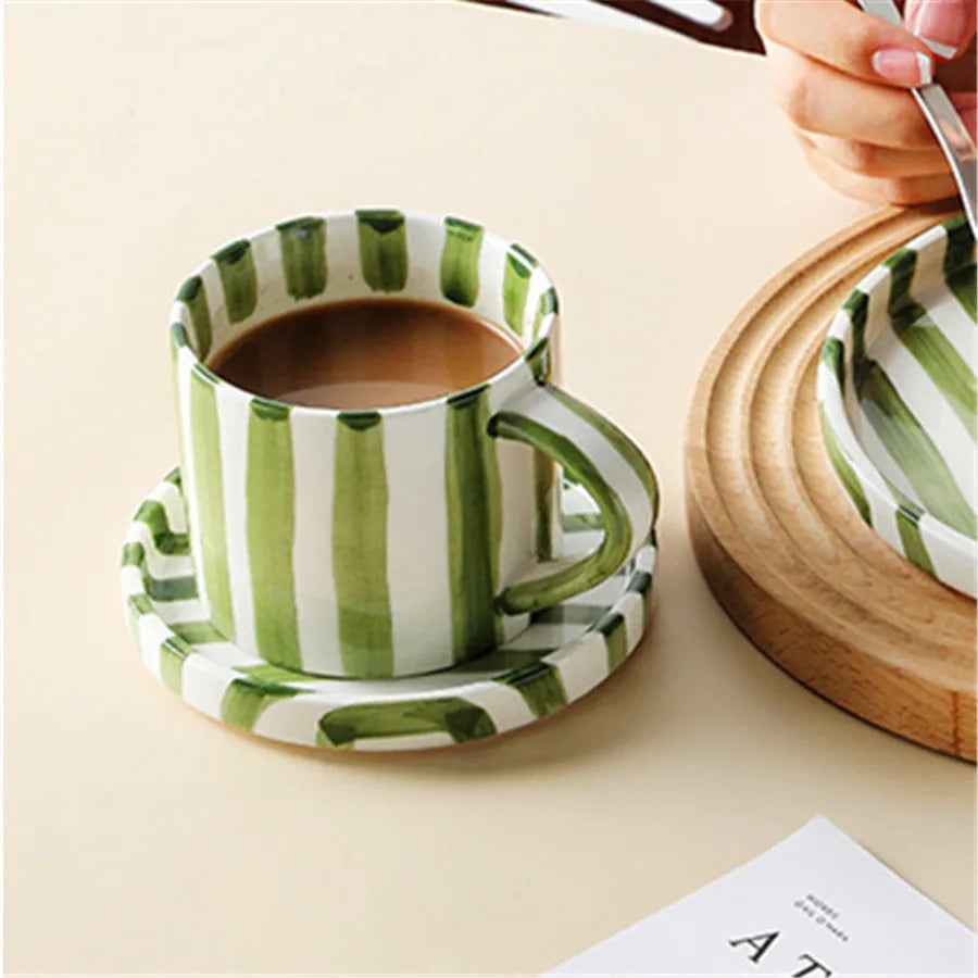 Ceramic Coffee Cup Saucer Set Minimalist Stripe Design