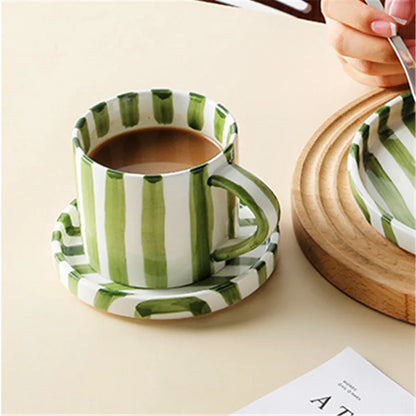 Ceramic Coffee Cup Saucer Set Minimalist Stripe Design