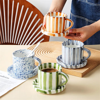Ceramic Coffee Cup Saucer Set Minimalist Stripe Design