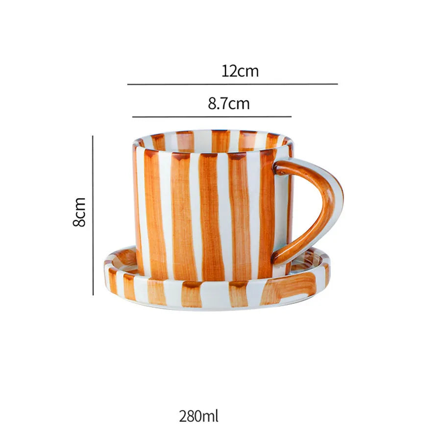 Ceramic Coffee Cup Saucer Set Minimalist Stripe Design