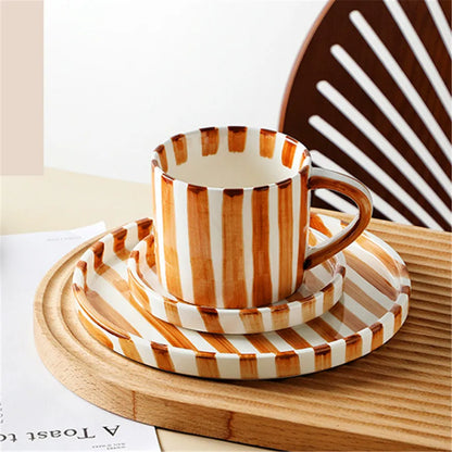 Ceramic Coffee Cup Saucer Set Minimalist Stripe Design