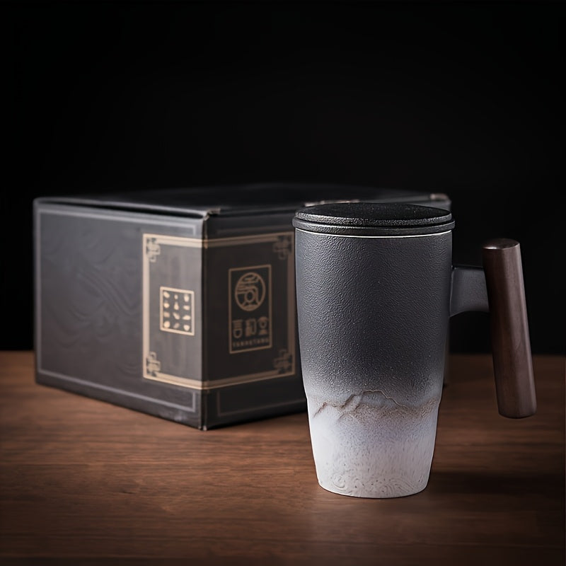 Ceramic Tea Mug with Infuser and Lid Handmade Tea Cup Wooden Handle Loose Leaf Tea Mug