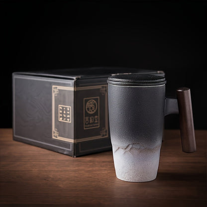 Ceramic Tea Mug with Infuser and Lid Handmade Tea Cup Wooden Handle Loose Leaf Tea Mug