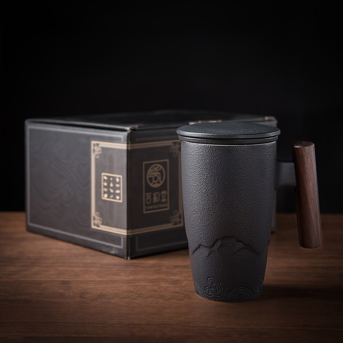 Ceramic Tea Mug with Infuser and Lid Handmade Tea Cup Wooden Handle Loose Leaf Tea Mug