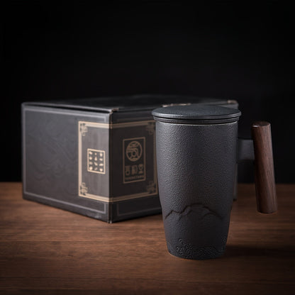 Ceramic Tea Mug with Infuser and Lid Handmade Tea Cup Wooden Handle Loose Leaf Tea Mug