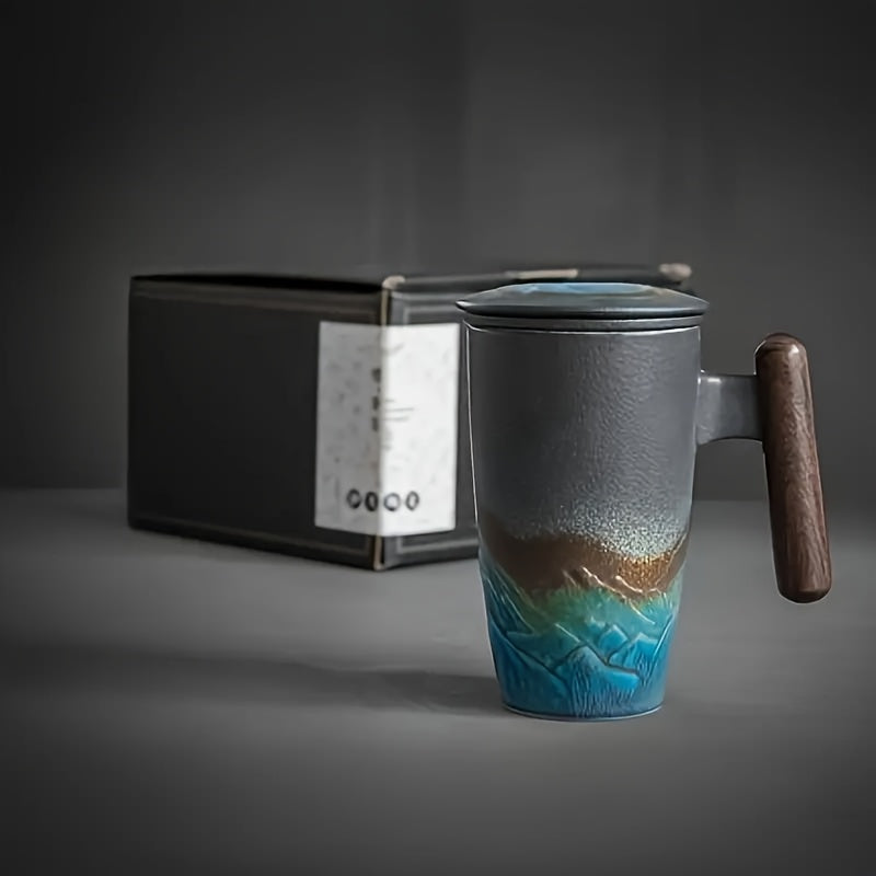 Ceramic Tea Mug with Infuser and Lid Handmade Tea Cup Wooden Handle Loose Leaf Tea Mug
