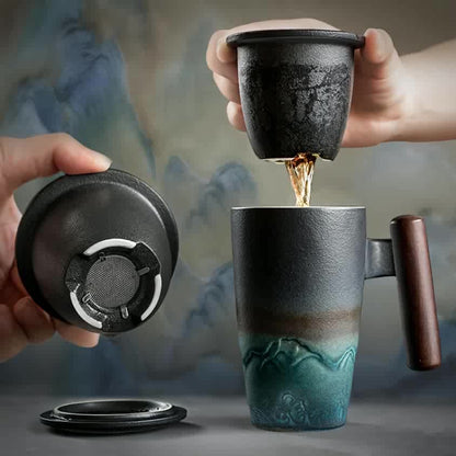 Ceramic Tea Mug with Infuser and Lid Handmade Tea Cup Wooden Handle Loose Leaf Tea Mug