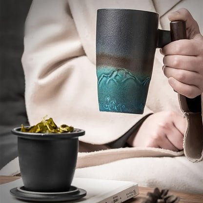 Ceramic Tea Mug with Infuser and Lid Handmade Tea Cup Wooden Handle Loose Leaf Tea Mug