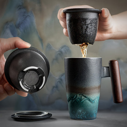 Ceramic Tea Mug with Infuser and Lid Handmade Tea Cup Wooden Handle Loose Leaf Tea Mug