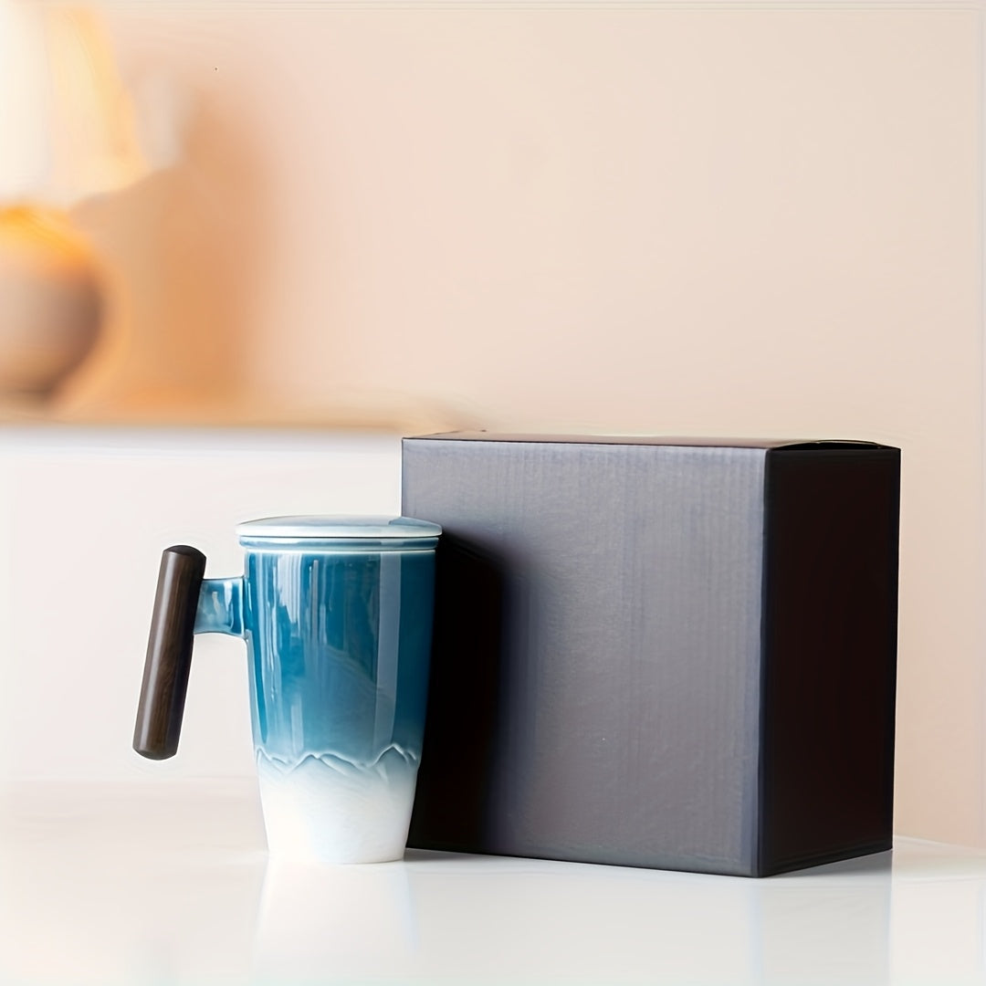 Ceramic Tea Mug with Infuser and Lid Handmade Tea Cup Wooden Handle Loose Leaf Tea Mug