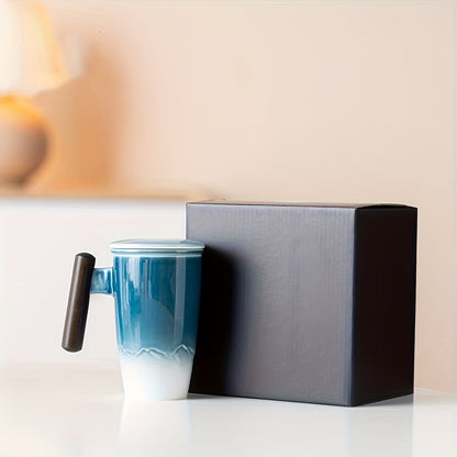 Ceramic Tea Mug with Infuser and Lid Handmade Tea Cup Wooden Handle Loose Leaf Tea Mug