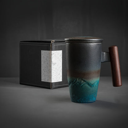 Ceramic Tea Mug with Infuser and Lid Handmade Tea Cup Wooden Handle Loose Leaf Tea Mug