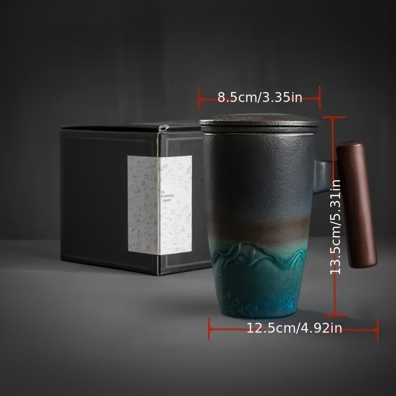 Ceramic Tea Mug with Infuser and Lid Handmade Tea Cup Wooden Handle Loose Leaf Tea Mug