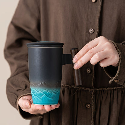 Ceramic Tea Mug with Infuser and Lid Handmade Tea Cup Wooden Handle Loose Leaf Tea Mug