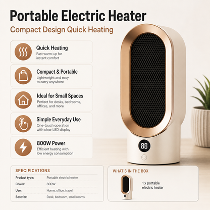 Compact 800W Portable Electric Heater for Small Spaces and Office Use