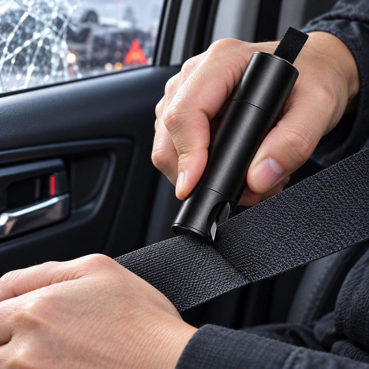 Compacte veiligheidshamer voor de auto met ruitbreker en veiligheidsgordelsnijder