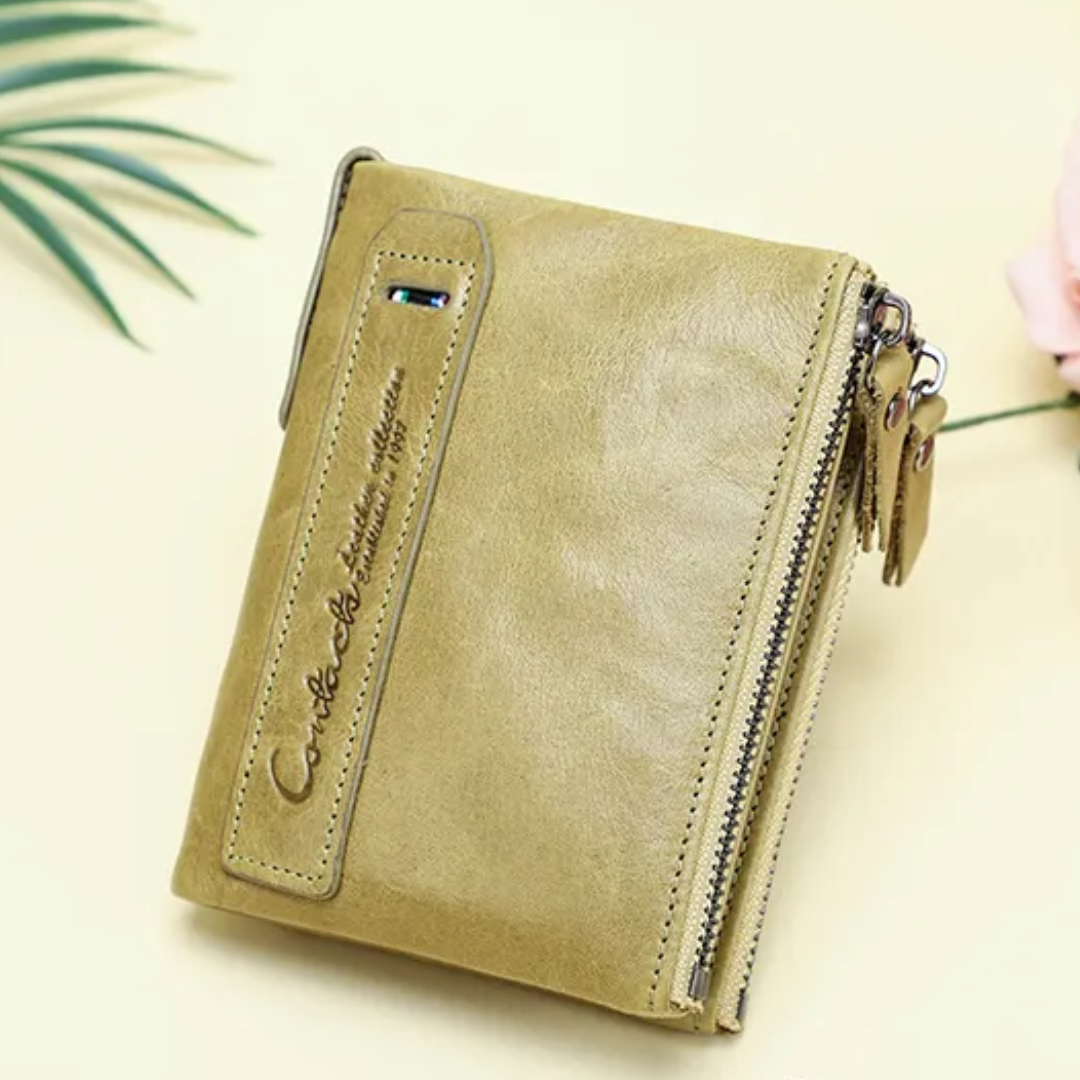 Compact Double Zipper Wallet Leather Card Holder Coin Purse Everyday Organizer