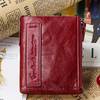 Compact Double Zipper Wallet Leather Card Holder Coin Purse Everyday Organizer