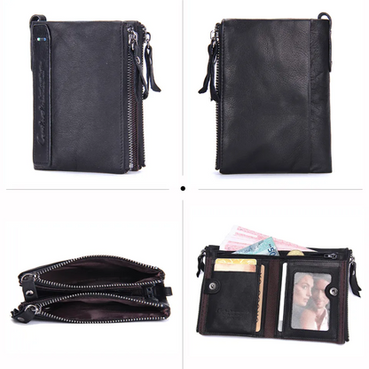 Compact Double Zipper Wallet Leather Card Holder Coin Purse Everyday Organizer