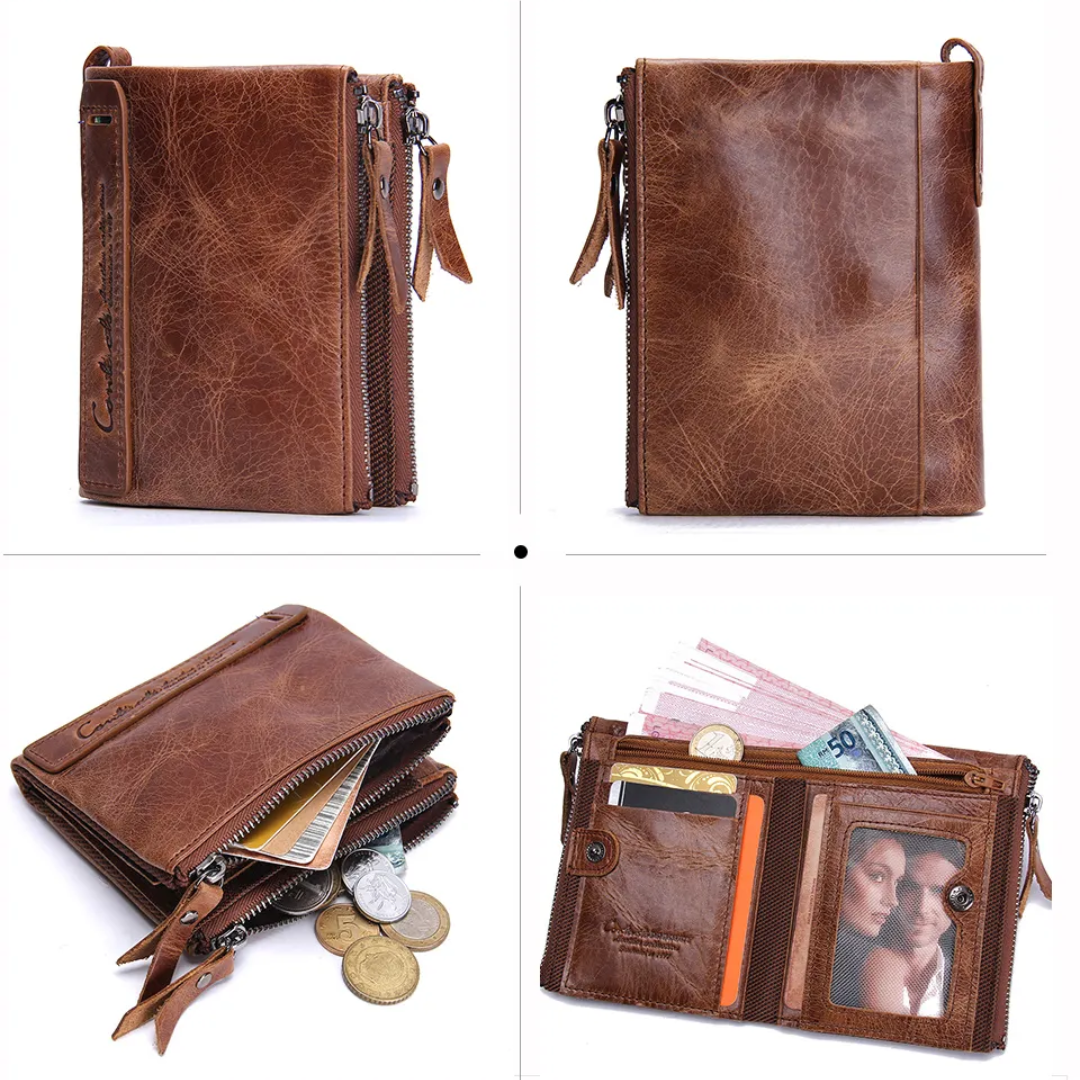 Compact Double Zipper Wallet Leather Card Holder Coin Purse Everyday Organizer