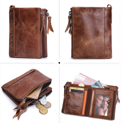 Compact Double Zipper Wallet Leather Card Holder Coin Purse Everyday Organizer