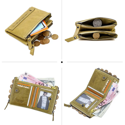 Compact Double Zipper Wallet Leather Card Holder Coin Purse Everyday Organizer