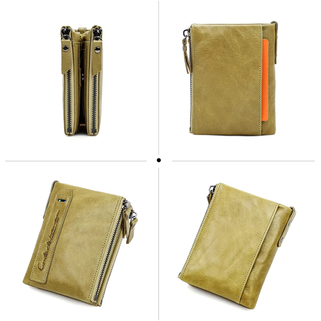 Compact Double Zipper Wallet Leather Card Holder Coin Purse Everyday Organizer