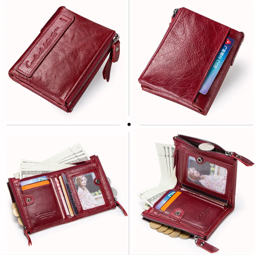 Compact Double Zipper Wallet Leather Card Holder Coin Purse Everyday Organizer