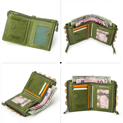 Compact Double Zipper Wallet Leather Card Holder Coin Purse Everyday Organizer