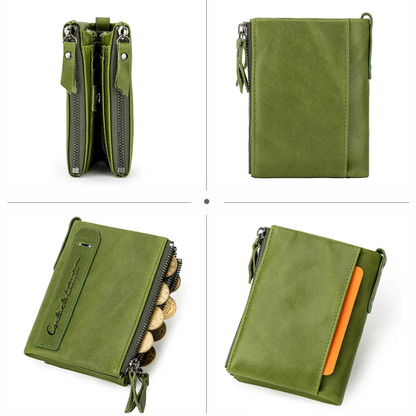 Compact Double Zipper Wallet Leather Card Holder Coin Purse Everyday Organizer