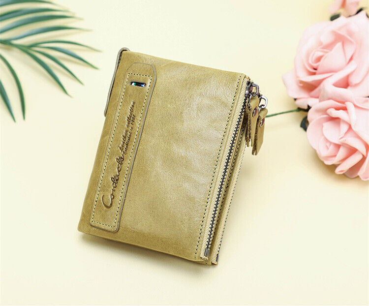 Compact Double Zipper Wallet Leather Card Holder Coin Purse Everyday Organizer