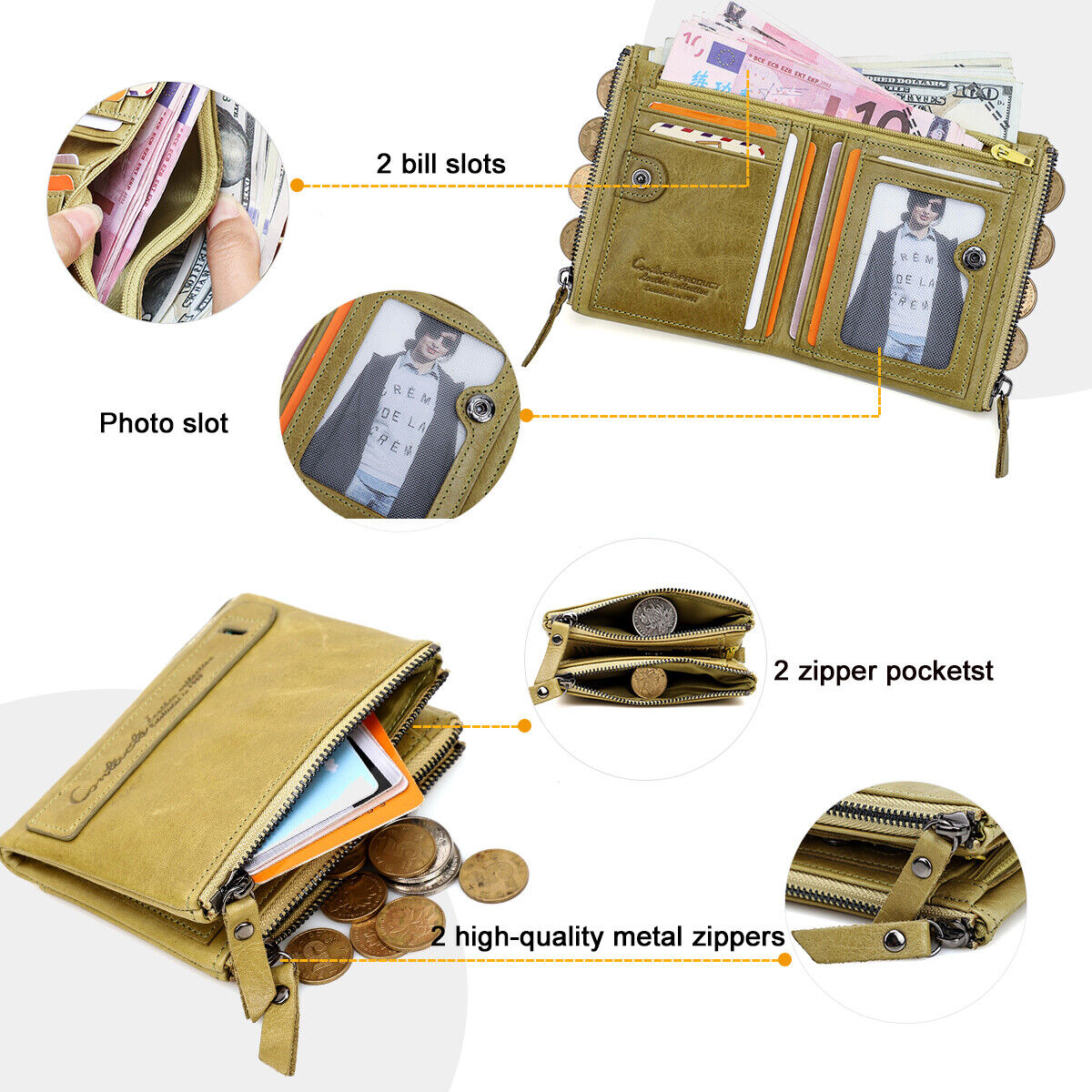 Compact Double Zipper Wallet Leather Card Holder Coin Purse Everyday Organizer