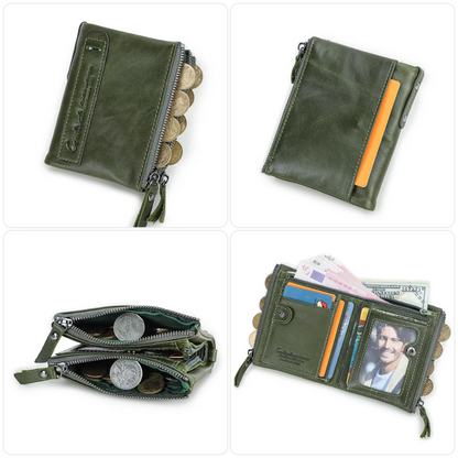 Compact Double Zipper Wallet Leather Card Holder Coin Purse Everyday Organizer