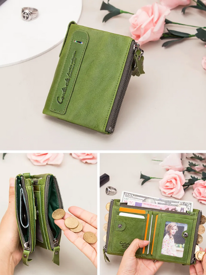 Compact Double Zipper Wallet Leather Card Holder Coin Purse Everyday Organizer