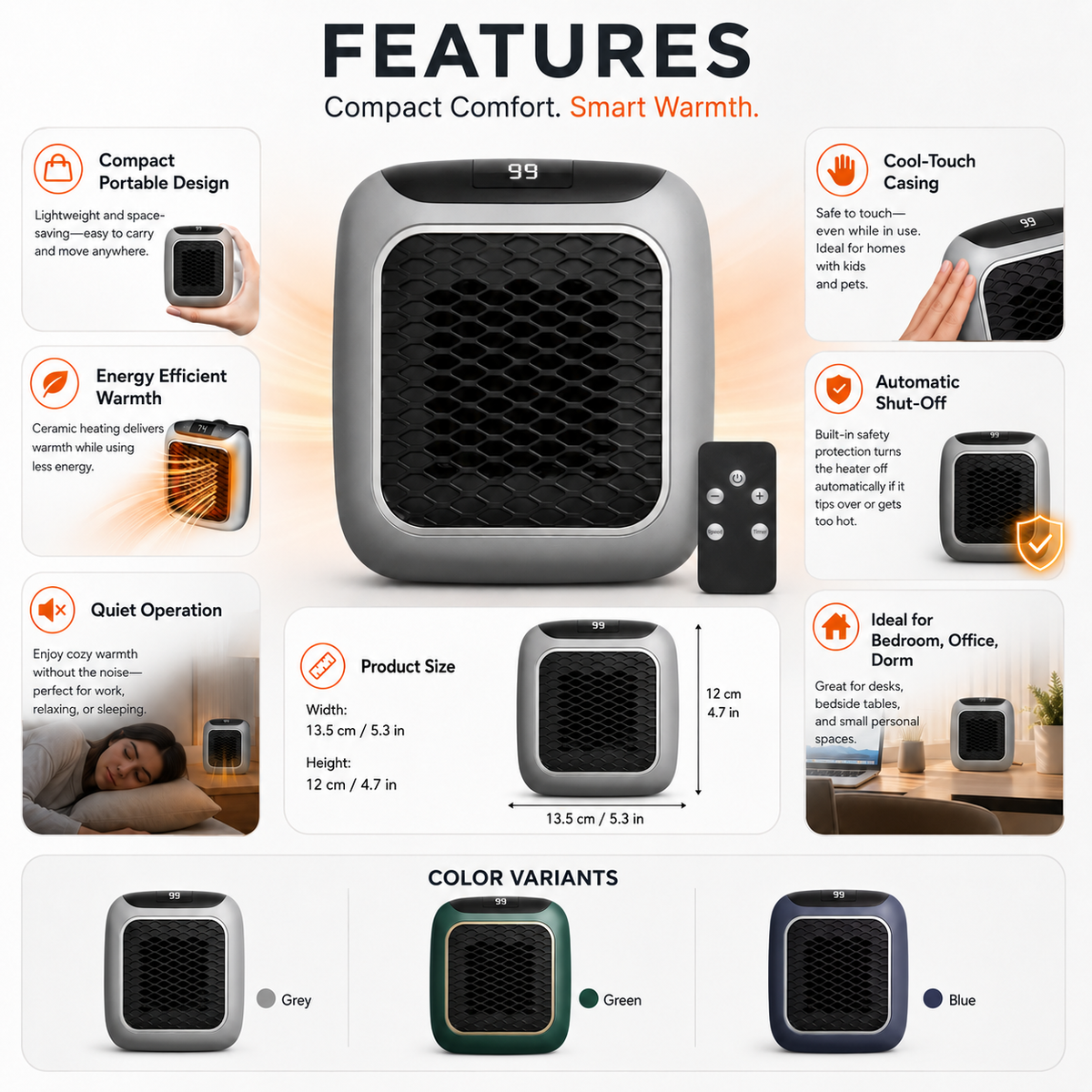 Compact Electric Space Heater with Energy Efficient Heating and Quiet Operation